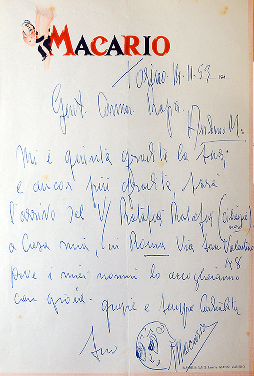 Macario scrive attestato di stima per il Liquorificio Rapa Giovanni